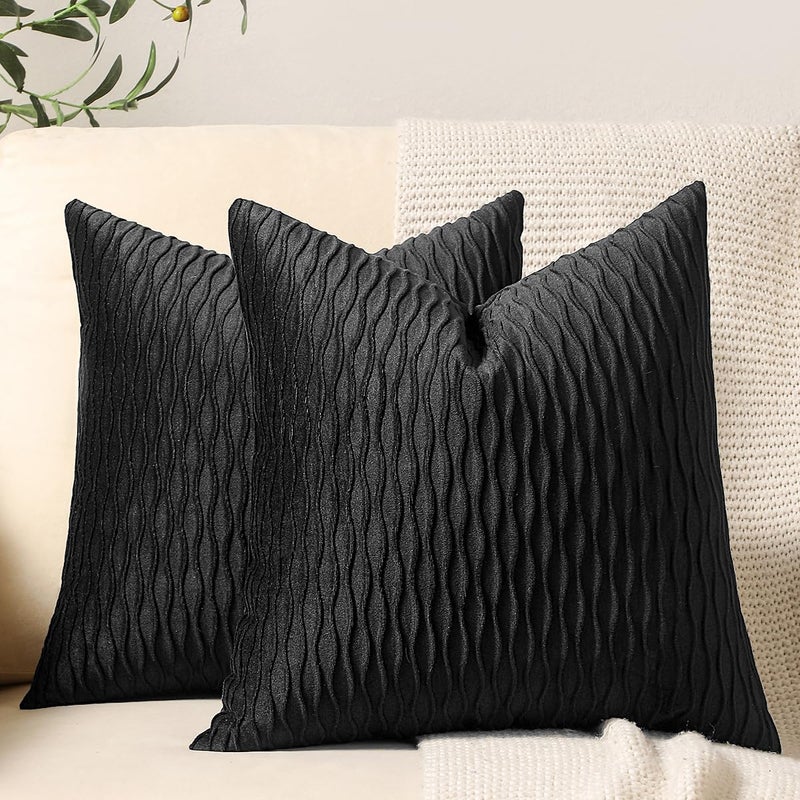DEZENE Black Striped Decorative Pillow Covers: 2 Pack 18x18 Inch Original Velvet Square Throw Pillow Cases for Farmhouse Couch - Image 1